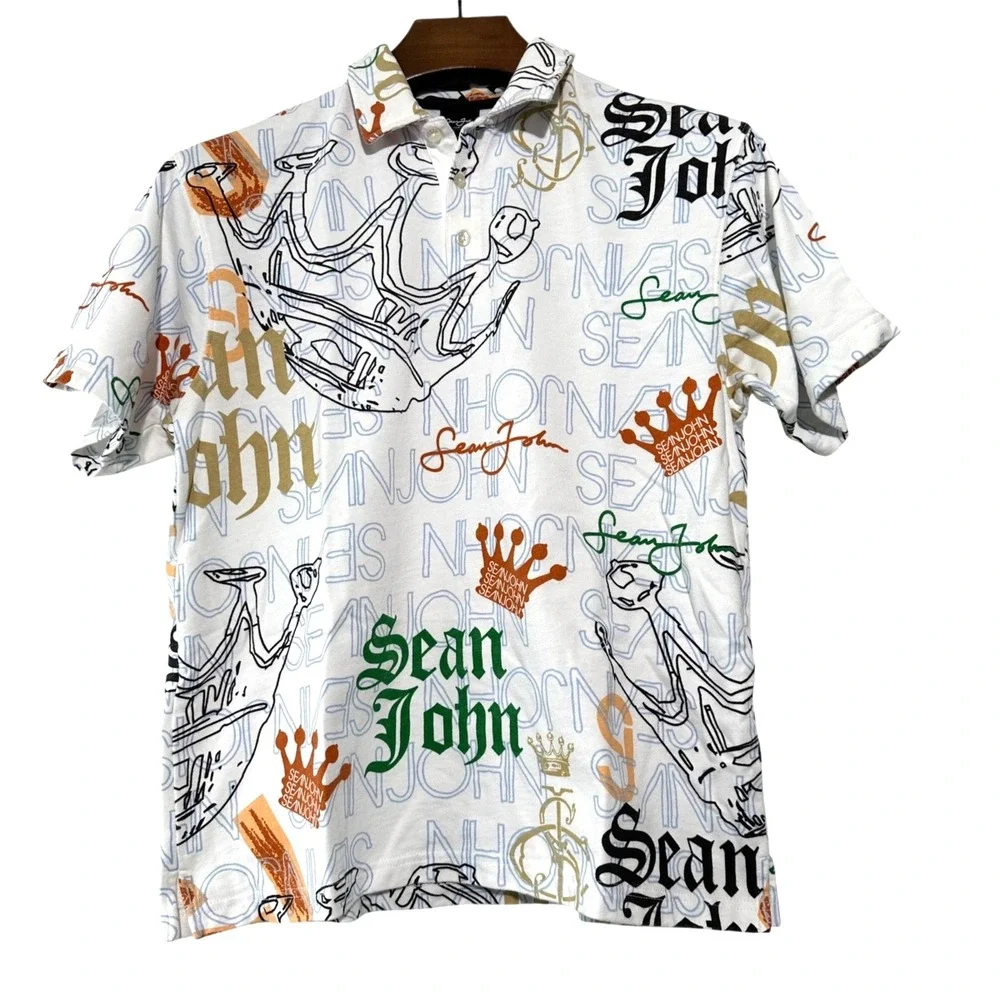 SEAN JOHN Men's White AOP Short Sleeve Polo Shirt Size Small (tagged 16-18)‎